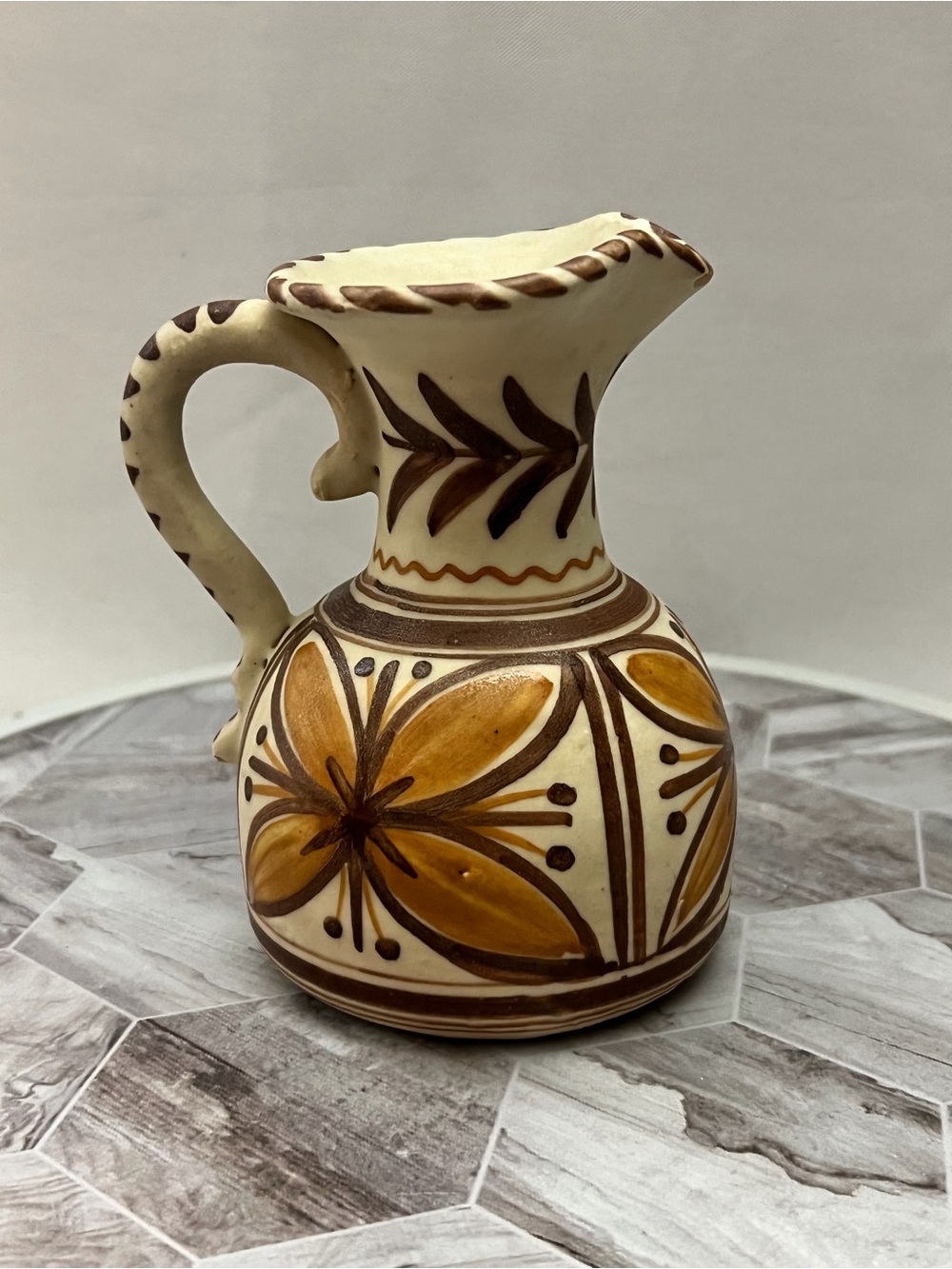 Vintage Spanish Hand Painted Pottery Pitcher Vase Signed Simona Folk Art 5.5”